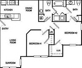 Floor plan for 2 beds, 2 baths, 950 sqft